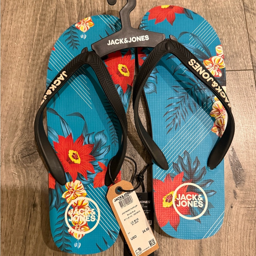 Jack & Jones Blue Flip Flops with Red Floral Design